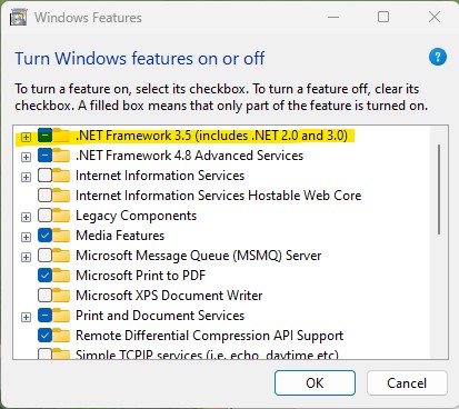 Windows features dialog box